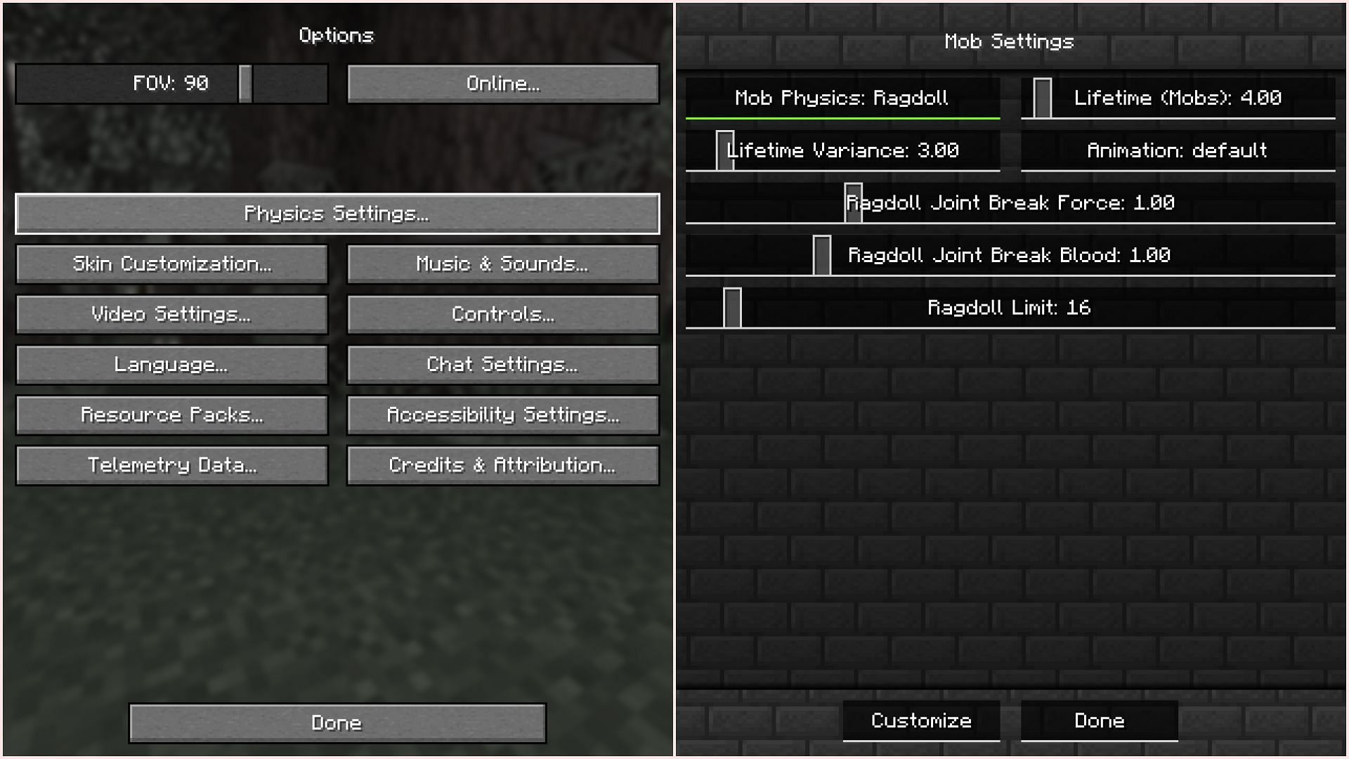 Head to the Physics mod settings to configure ragdoll physics (Image via Sportskeeda Gaming || Mojang Studios)